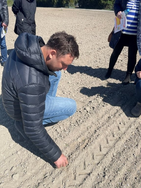Bartłomiej Piskorski pokazuje wschody buraków cukrowych uprawianych w systemie rolnictwa ekologicznego